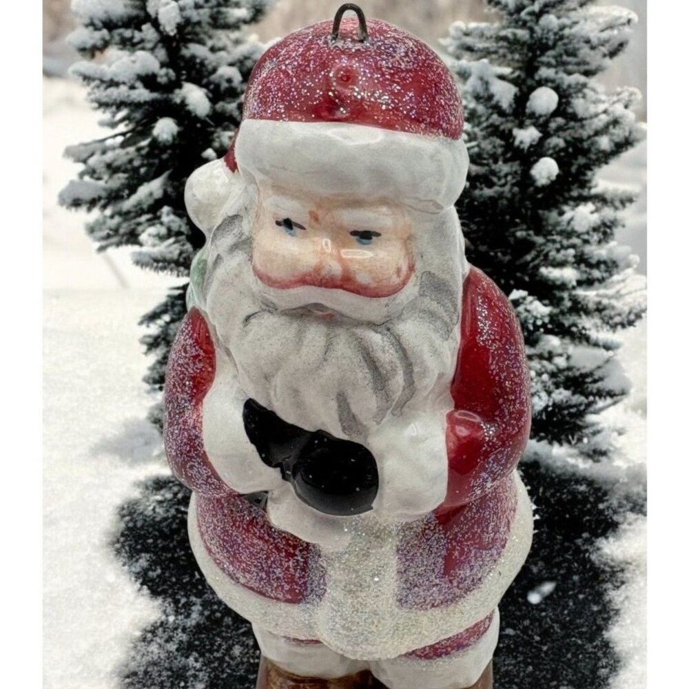 Vintage Santa Claus Christmas Tree Ornament with Glitter Accents Green Toy Sack